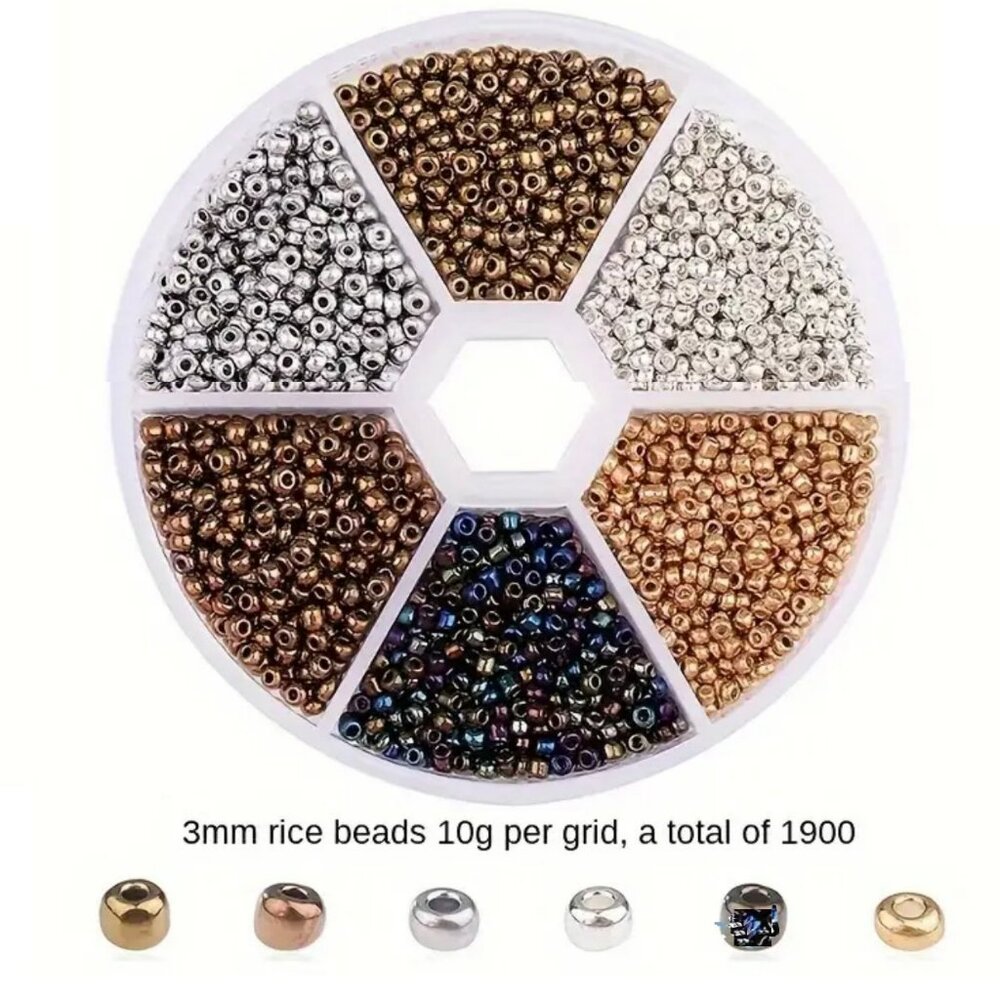 Glass Rice Beads. 3mm, 6 colors, and 10 grams each color.  Golden Set